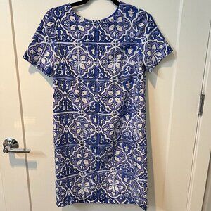 White and Blue Patterned Sheath Dress - The Limited XS